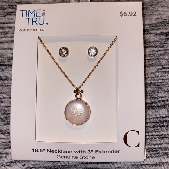 Genuine Rose Quartz with "C" Initial Disc Necklace and Earring Set 18.5” - Picture 2 of 12